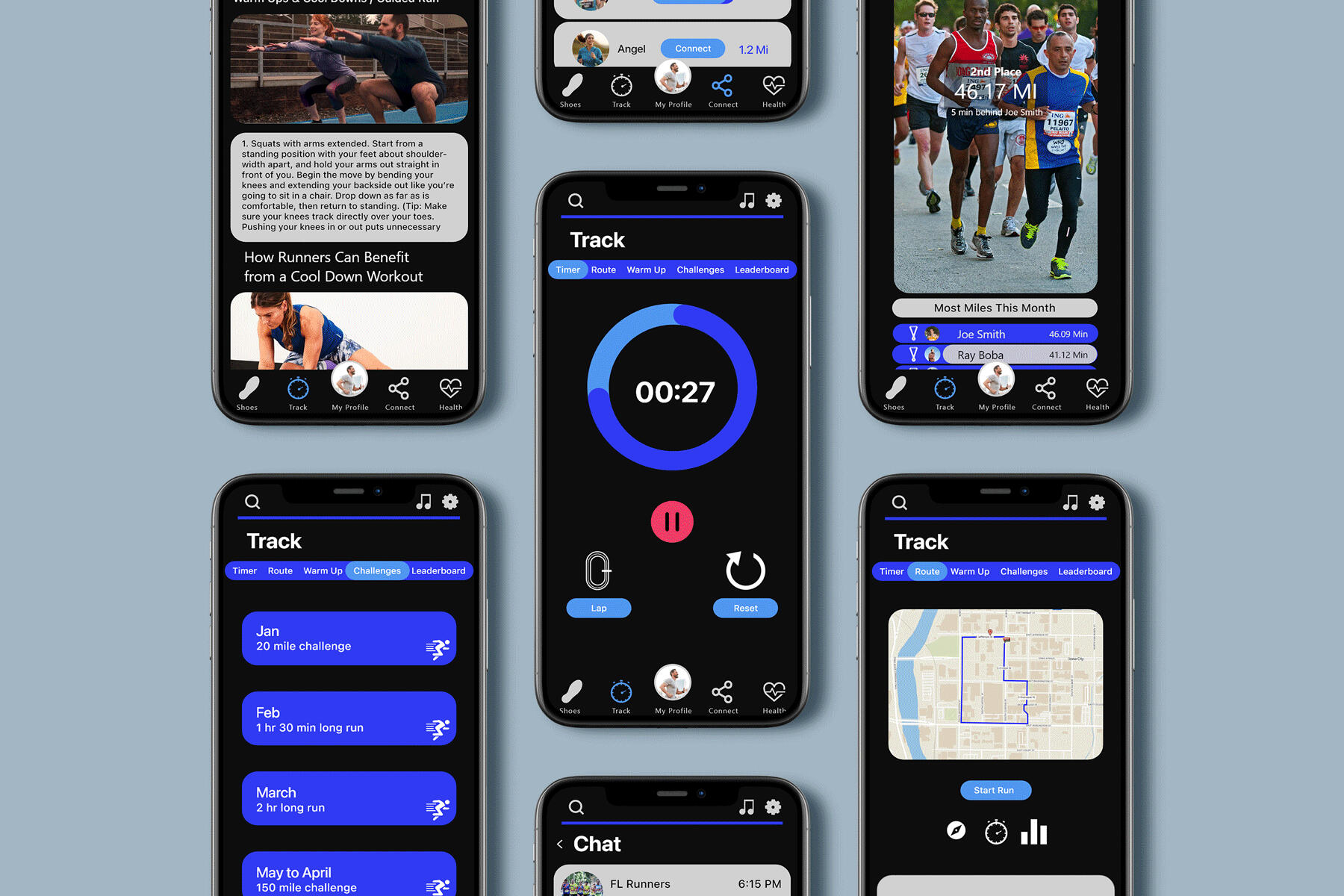 Track (timer, route, warm up, challenges and leaderboard) section of OneMile app on iPhone